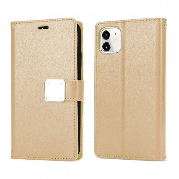 Wholesale Multi Pockets Folio Flip Leather Wallet Case with Strap for iPhone 12 Mini 5.4 inch (Gold)